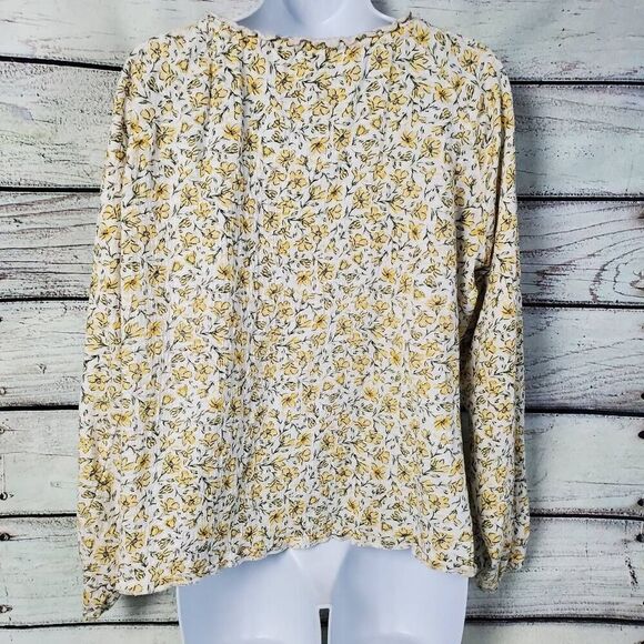 Billabong Women’s Small Peasant Top Yellow Floral Boho Crinkle Cotton Blouse Tie - Picture 4 of 7